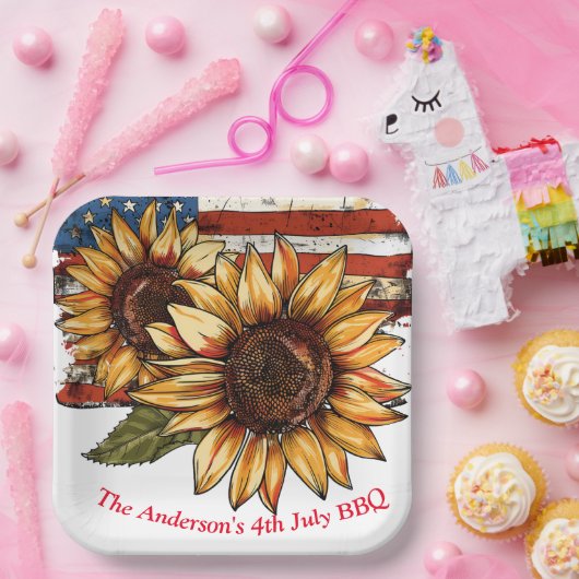 Zonnebloem gepersonaliseerd 4 juli papieren bordje (Feest)