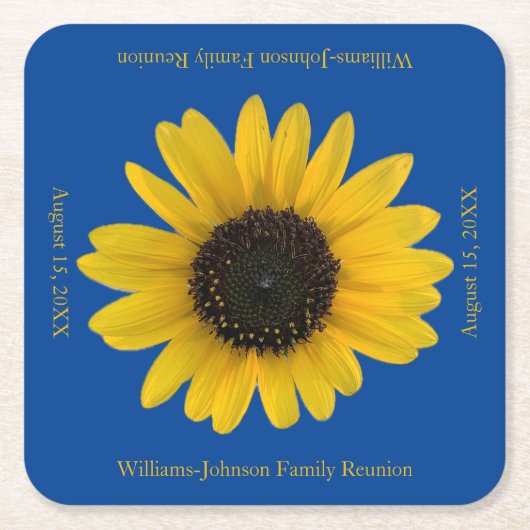 Zonnebloem gepersonaliseerd blauw evenement kartonnen onderzetters (Voorkant)