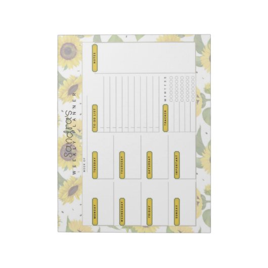 Zonnebloem gepersonaliseerde weekplanner notitieblok (Linkerzijde)