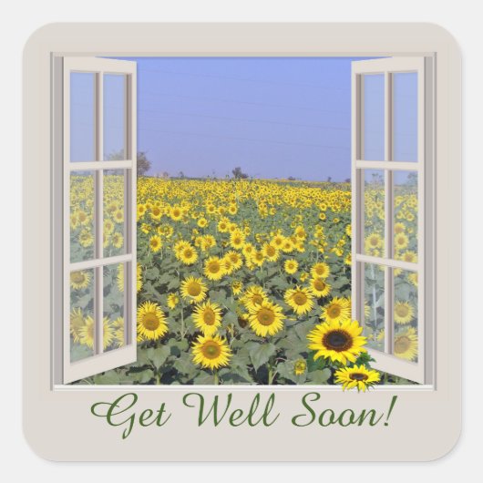 Zonnebloem geveld door open raam ll vierkante sticker (Voorkant)