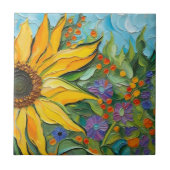 Zonnebloem, geverfd tegeltje (Voorkant)