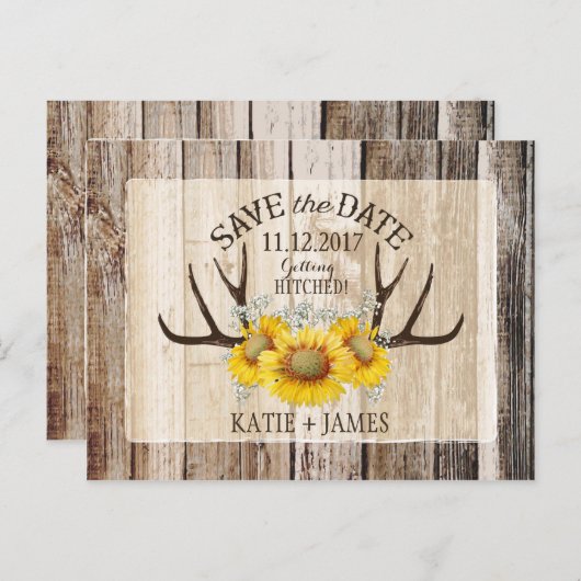 Zonnebloem gewei hout rustiek Save the Date Aankondigingskaart (Voorkant / Achterkant)