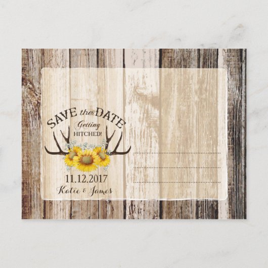 Zonnebloem gewei hout rustiek Save the Date Aankondigingskaart (Achterkant)