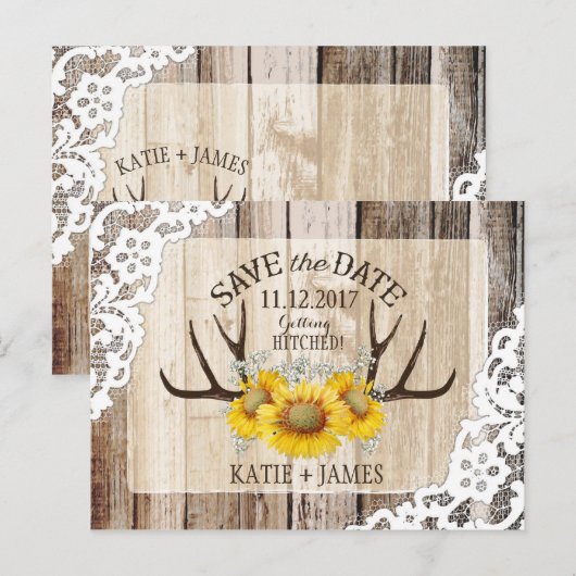 Zonnebloem gewei houten kant rustiek Save the Date Aankondigingskaart (Voorkant / Achterkant)