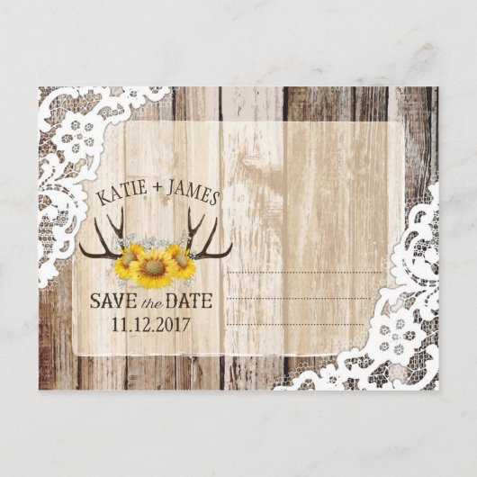 Zonnebloem gewei houten kant rustiek Save the Date Aankondigingskaart (Achterkant)