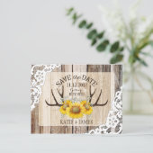 Zonnebloem gewei houten kant rustiek Save the Date Aankondigingskaart (Staand voorkant)