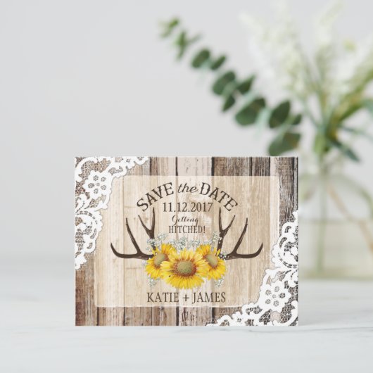 Zonnebloem gewei houten kant rustiek Save the Date Aankondigingskaart (Staand voorkant)