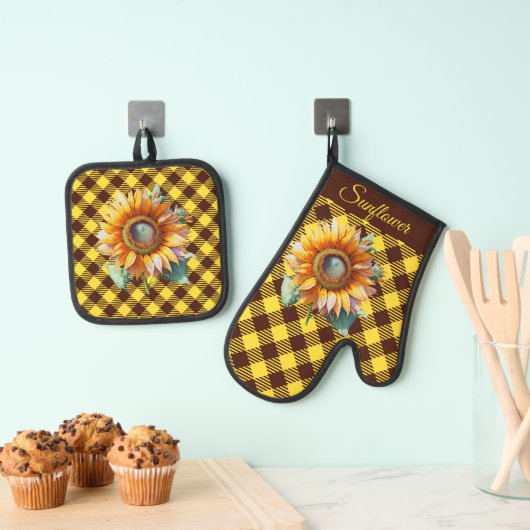 "Zonnebloem" Gingham Ovenwant & Pannenlap Set (Insitu(Ophanging))