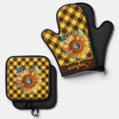"Zonnebloem" Gingham Ovenwant & Pannenlap Set (Voorkant / Achterkant)