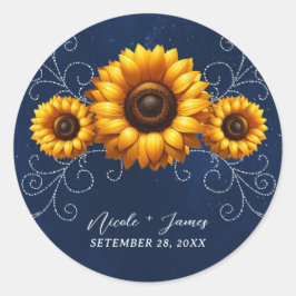 Zonnebloem Glans Blauw Rustieke Glam Bruidsshower Ronde Sticker