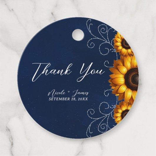 Zonnebloem Glans Blauw Rustieke Glam Bruiloftsdouc Bedankjes Labels (Voorkant)