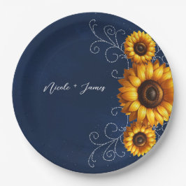Zonnebloem Glans Blauw Rustieke Glam Bruiloftsshow Papieren Bordje