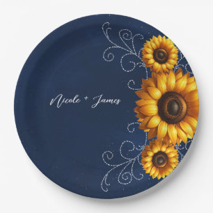 Zonnebloem Glans Blauw Rustieke Glam Bruiloftsshow Papieren Bordje