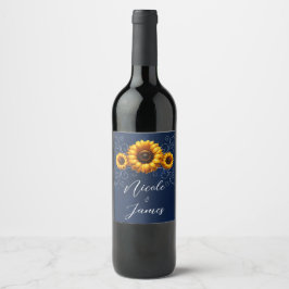 Zonnebloem Glans Blauw Rustieke Glamour Bruiloft Wijn Etiket