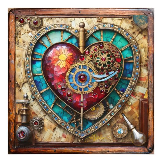 Zonnebloem Glas-in-lood Hart Steampunk Serie Foto Afdruk (Voorkant)