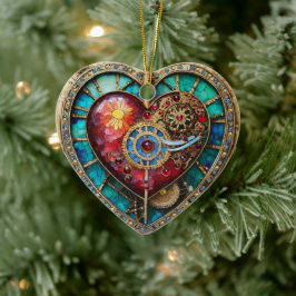 Zonnebloem Glas-in-lood Hart Steampunk Serie Keramisch Ornament