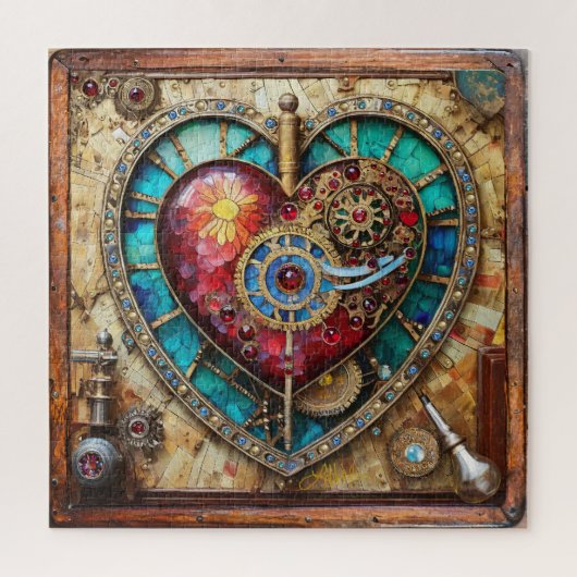 Zonnebloem Glas-in-Lood Hart Steampunk Serie Legpuzzel (Verticaal)