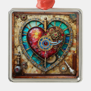 Zonnebloem Glas-in-lood Hart Steampunk Serie Metalen Ornament