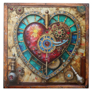 Zonnebloem Glas-in-Lood Hart Steampunk Serie Tegeltje