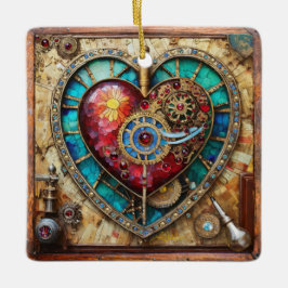 Zonnebloem Glas in lood Hart Steampunk Series Keramisch Ornament