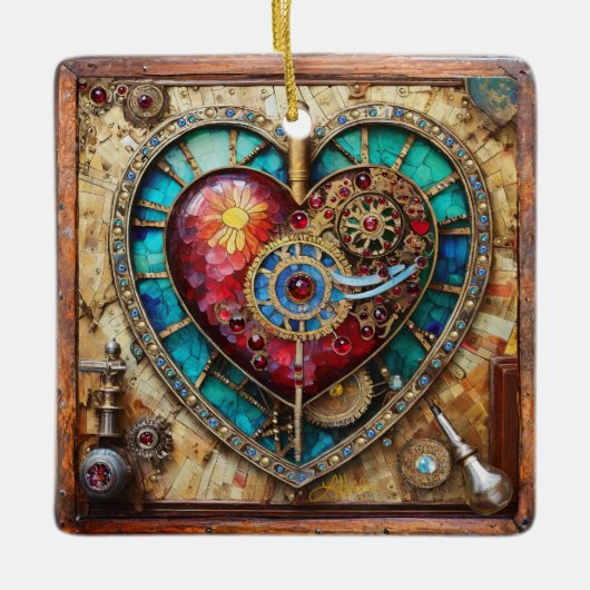 Zonnebloem Glas in lood Hart Steampunk Series Keramisch Ornament (Voorkant)