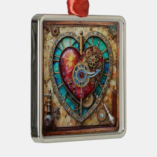 Zonnebloem Glas in lood Hart Steampunk Series Metalen Ornament (Rechts)