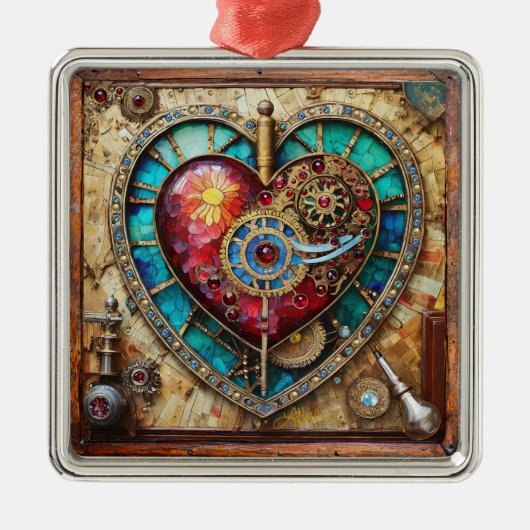 Zonnebloem Glas in lood Hart Steampunk Series Metalen Ornament (Voorkant)