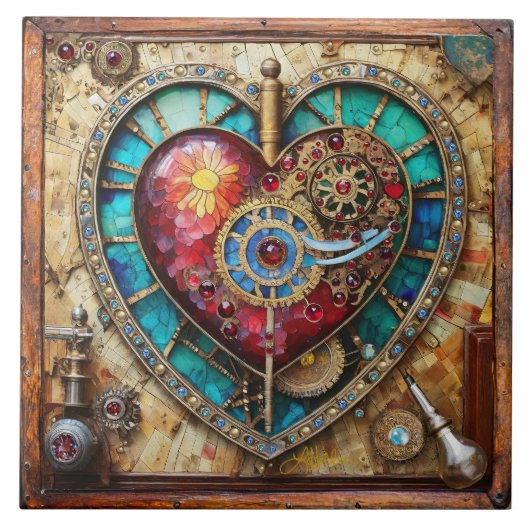 Zonnebloem Glas in lood Hart Steampunk Series Tegeltje (Voorkant)