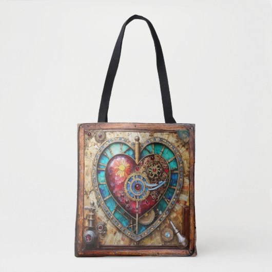Zonnebloem Glas in lood Hart Steampunk Series Tote Bag (Voorkant)