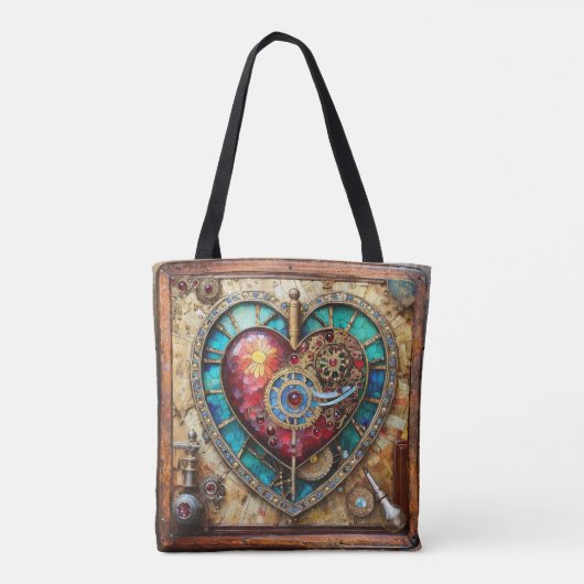 Zonnebloem Glas in lood Hart Steampunk Series Tote Bag (Achterkant)