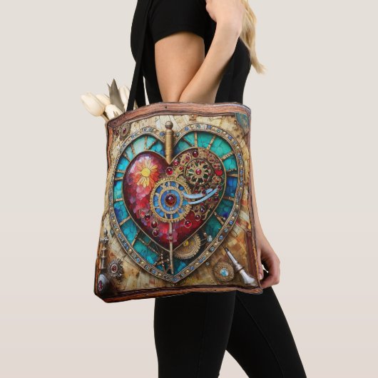 Zonnebloem Glas in lood Hart Steampunk Series Tote Bag (Dichtbij)
