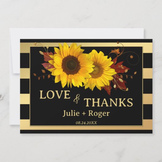 Zonnebloem Goud Gestreepte Foto Bruiloft Bedankkaart (Voorkant)
