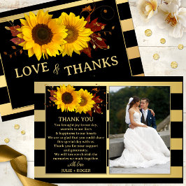 Zonnebloem Goud Gestreepte Foto Bruiloft Bedankkaart