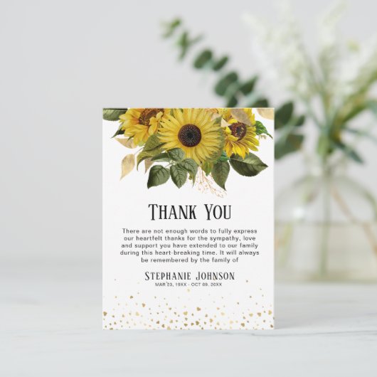 Zonnebloem & Goud Hart Foto Sympathie Bedankkaart (Staand voorkant)
