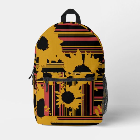 Zonnebloem Goud Sinaasappel Zwart Streeppatroon Bedrukte Rugzak (Voorkant)