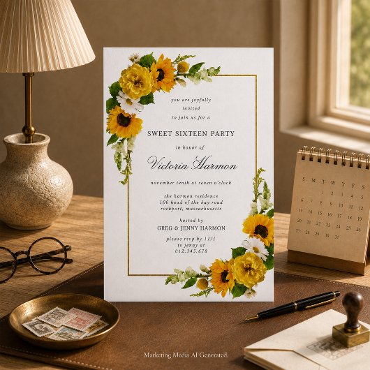 Zonnebloem Gouden Frame Sweet 16 Feest Kaart