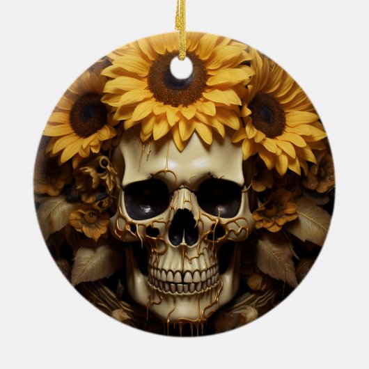 Zonnebloem gouden schedel keramisch ornament (Achterkant)