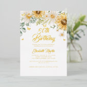 Zonnebloem Gouden Vlinder 50ste Verjaardagsfeest Folie Uitnodiging (Staand Voorkant)