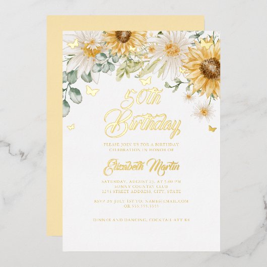 Zonnebloem Gouden Vlinder 50ste Verjaardagsfeest Folie Uitnodiging (Voorkant / Achterkant)