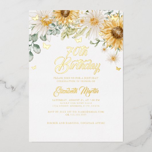 Zonnebloem Gouden Vlinder 70e Verjaardagsfeestje Folie Uitnodiging (Voorkant)