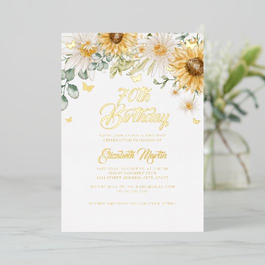 Zonnebloem Gouden Vlinder 70e Verjaardagsfeestje Folie Uitnodiging (Staand Voorkant)
