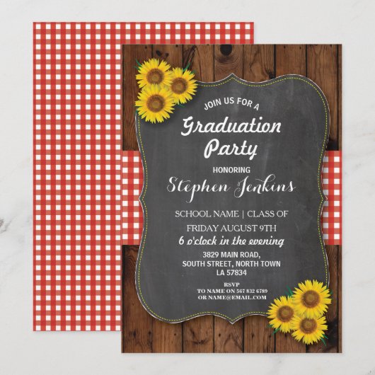 Zonnebloem Graduation Party Rustic Wood Uitnodigen Kaart (Voorkant / Achterkant)
