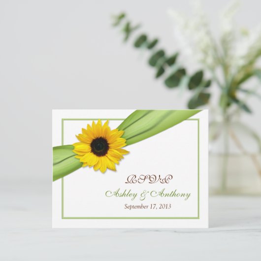 Zonnebloem Green Ribbon Wedding RSVP Reageer Brief Uitnodiging Briefkaart (Staand voorkant)