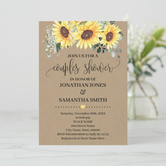 Zonnebloem Greenery Couples Shower Rustic Wedding Kaart (Staand voorkant)