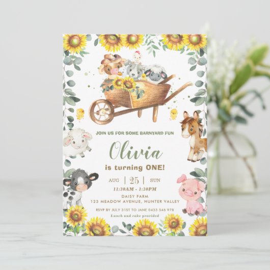 Zonnebloem Greenery Farm Animals Barnyard Birthday Kaart (Staand voorkant)