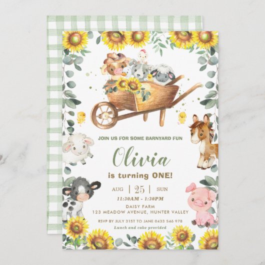 Zonnebloem Greenery Farm Animals Barnyard Birthday Kaart (Voorkant / Achterkant)