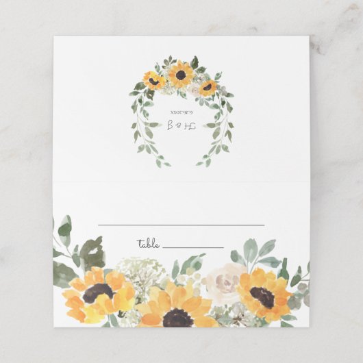 Zonnebloem Greenery Rustic Wedding Place Card Plaatskaartje (Buitenkant ongevouwen)