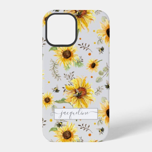 Zonnebloem Grijs Gele Hommels Eucalyptusblad iPhone Hoesje (Achterkant)