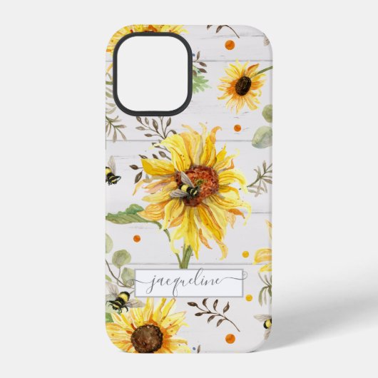 Zonnebloem Grijs Gele Hommels Landelijk Schrift iPhone Hoesje (Achterkant)