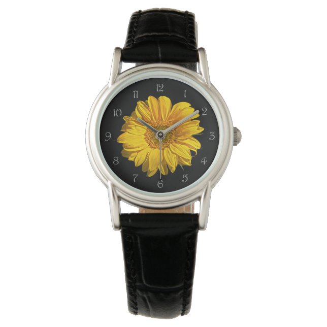 Zonnebloem Grijs Script Nummers wacna Horloge (Voorkant)
